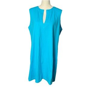 Lands End Shift Dress Womens L Blue Cotton Sleeveless Split Neck Preppy Chic